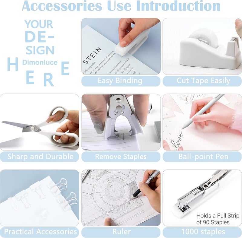 Dimonluce Office Desk Accessories, White Office Supplies Accessories with Tape Dispenser, Stapler, Staple Remover, 1000 Staples, Tape, Clips Set, Ruler, Scissor, Pen - Image 3